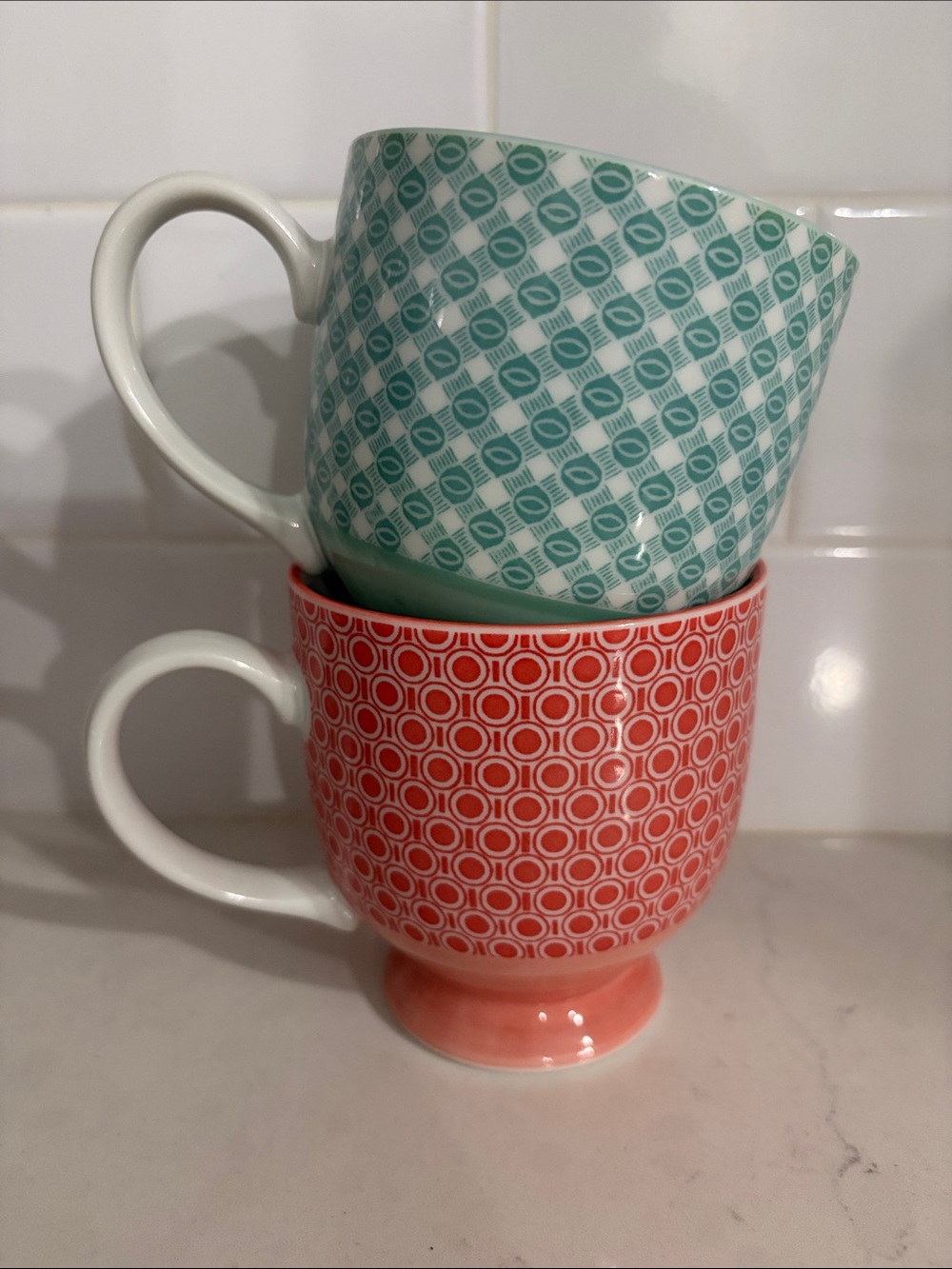 West Elm footed coffee tea mugs, set of 2 geometric